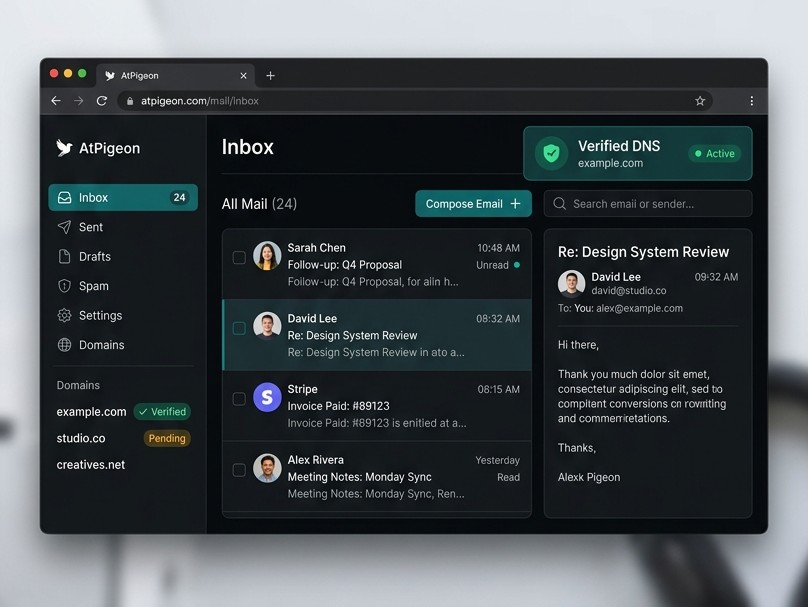 Интерфейс почтовой платформы AtPigeon